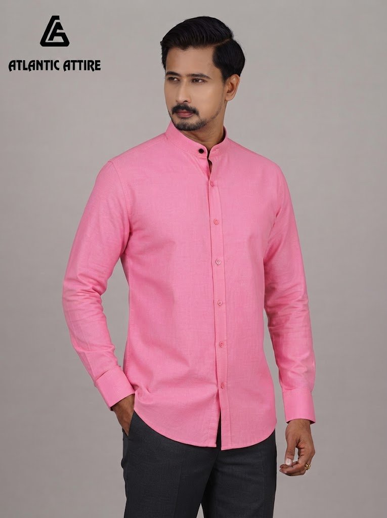 Premium Oxford Band Collar Shirt - PINK hover