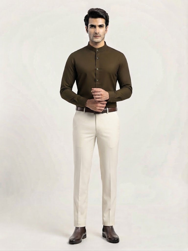 Premium Oxford Band Collar Shirt - OLIVE hover